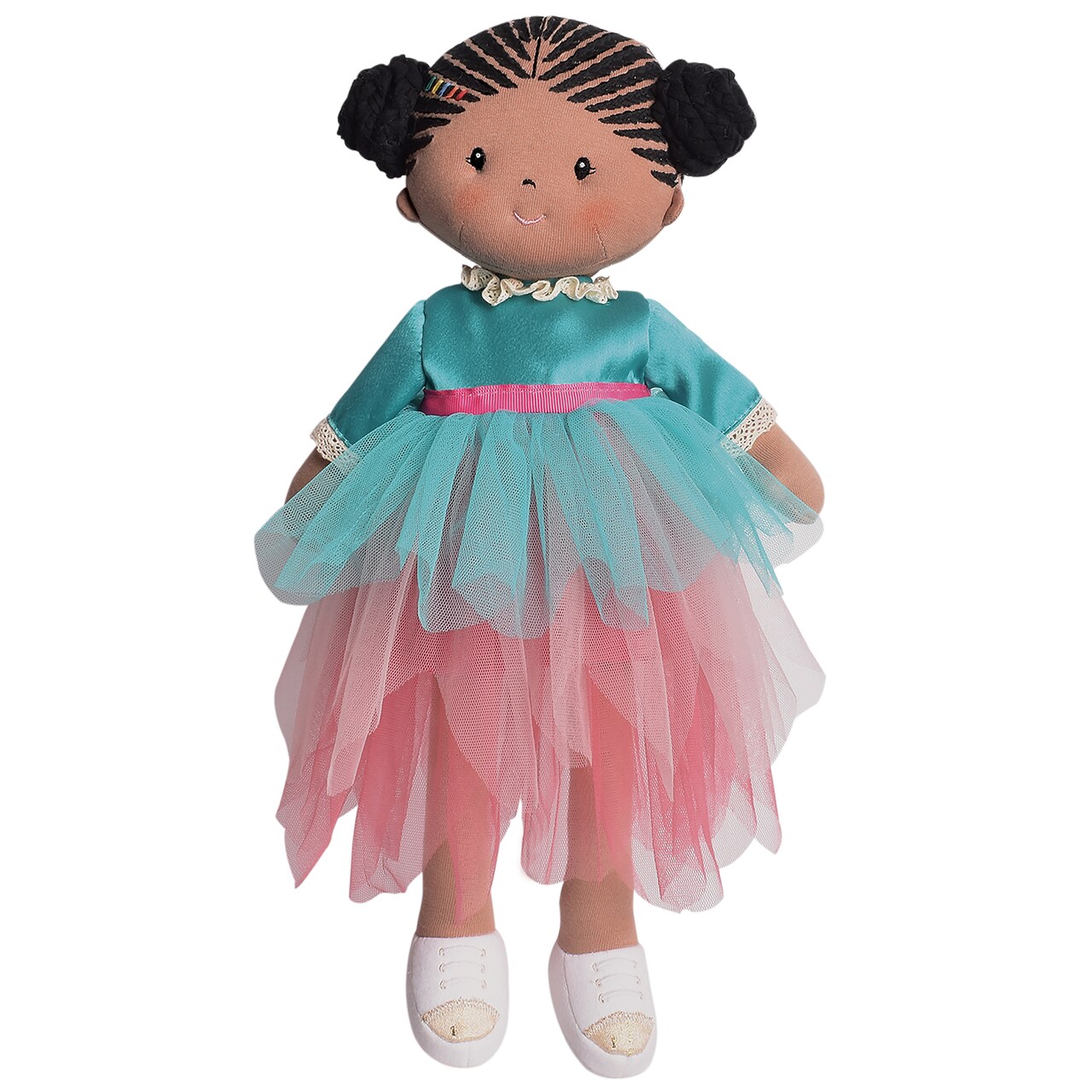 Tikiri Toys Kessie Fabric Baby Doll with Dark Skin & Hair, Comes with Two Dresses, Ages 6 Months & Up